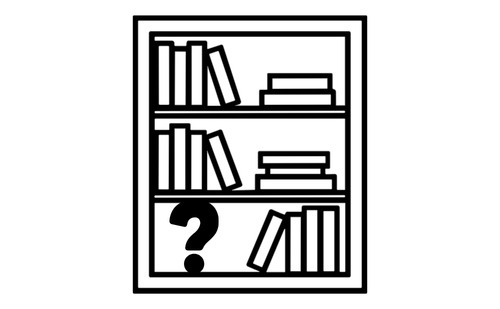 Image of a bookshelf with books with an empty space on the bottom and a question mark filling the space