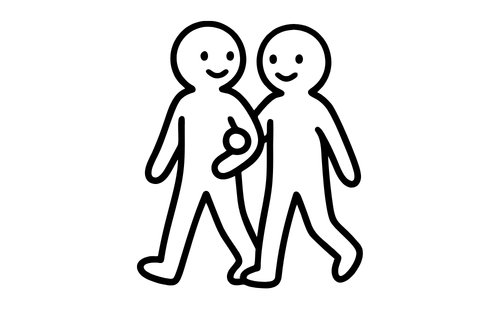 Image of two people walking arm in arm, smiling