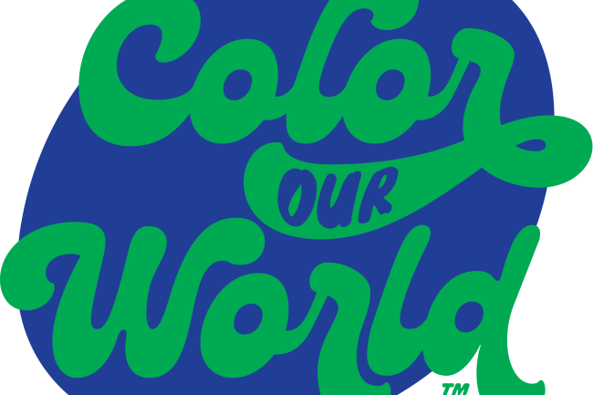 Blue globe with green lettering over it that reads "Color Our World"