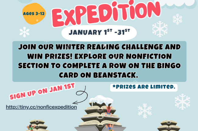 Flyer with snowflakes falling and three snow covered pine trees