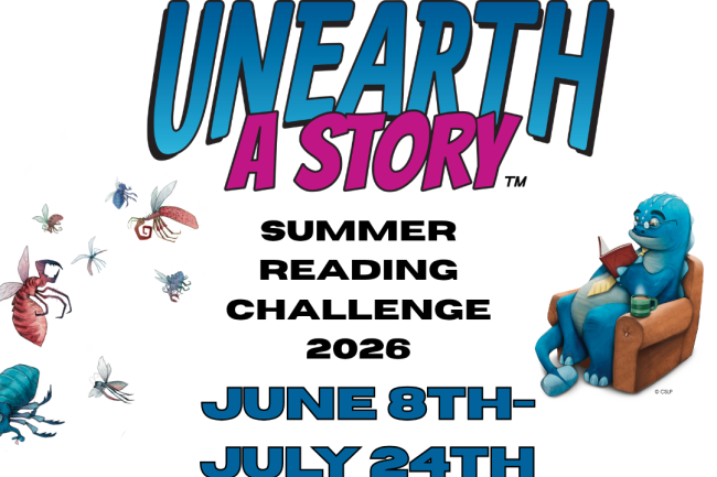 Unearth a story, summer reading challenge 2026. register at flagstaffcitycoconinocounty.beanstack.org