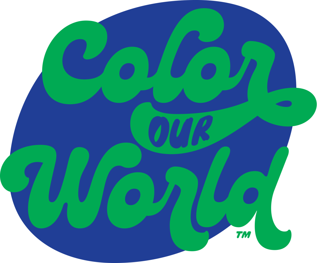Blue globe with green lettering over it that reads "Color Our World"