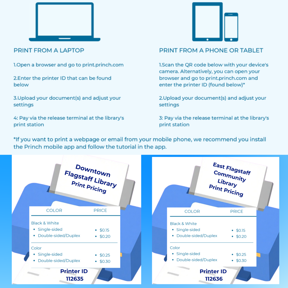 Instructional graphic explaining how to print at the library using Princh. The top section shows how to print from a laptop or from a phone or tablet, with steps to visit print.princh.com or scan a QR code, enter the printer ID, upload documents, adjust settings, and pay at the print station. The bottom section shows two print pricing graphics: one for Downtown Flagstaff Library and one for East Flagstaff Community Library. Both list black and white printing at $0.15 single-sided and $0.20 double-sided, and