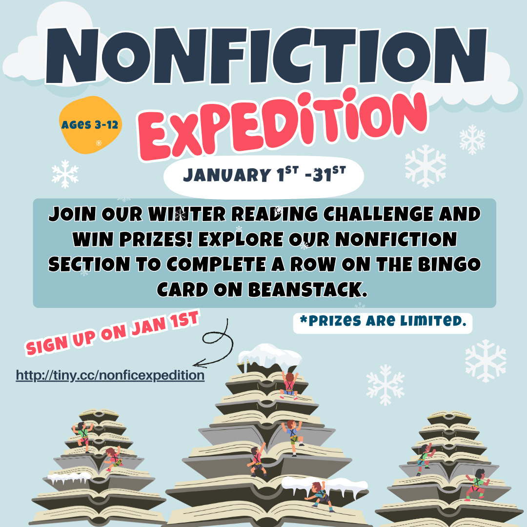 Flyer with snowflakes falling and three snow covered pine trees