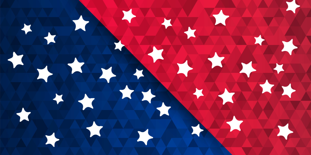 half of the page is red, the other navy blue. white starts adorn the graphic. reminiscent of the american flag. no stripes.